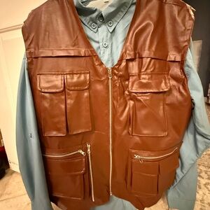 Men's Blue Shirt with Brown Utility Vest